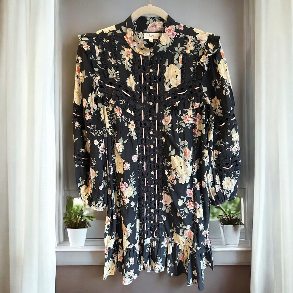 RAHI x FREE PEOPLE Bouquet Tunic Dress Ruffles Navy Floral Embroidered S